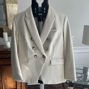 Veronica Beard Double-Breasted Dickey Faux Leather Cream Blazer includes Dicky